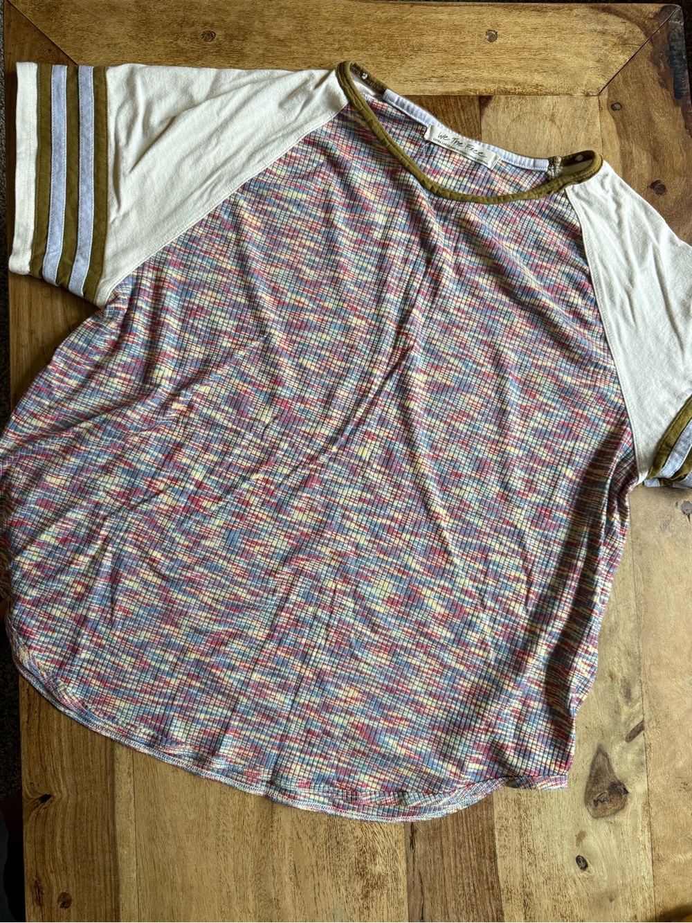We The Free Multi-Color Plaid Raglan Tee with Cream Sleeves